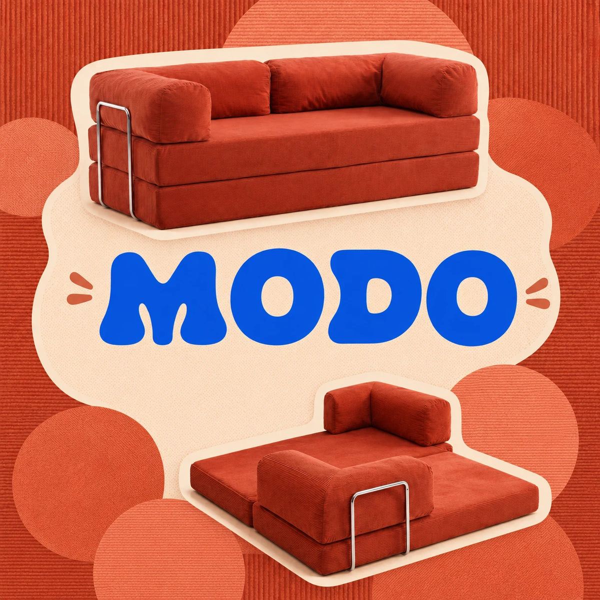 פוסטר של ספת MODO בשני מצבים – ספה ומיטה