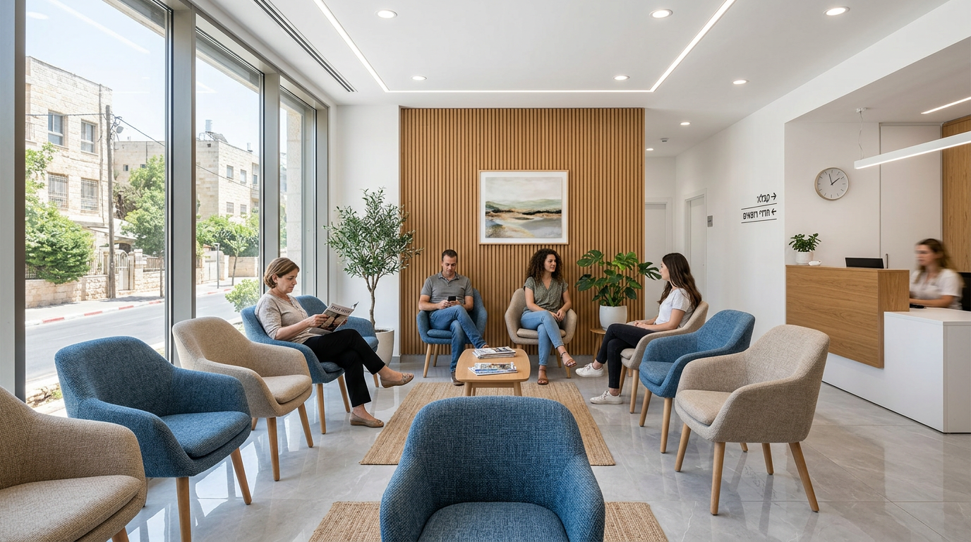 כורסאות ארגונומיות בפינת המתנה של קליניקה רפואית מודרנית