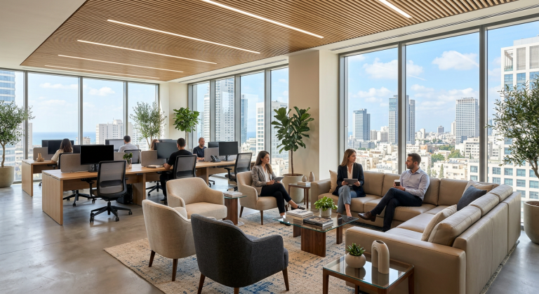 יבואן רהיטים לפרויקטים מסחריים — חלל משרדי מעוצב עם ספות וכורסאות מודרניות